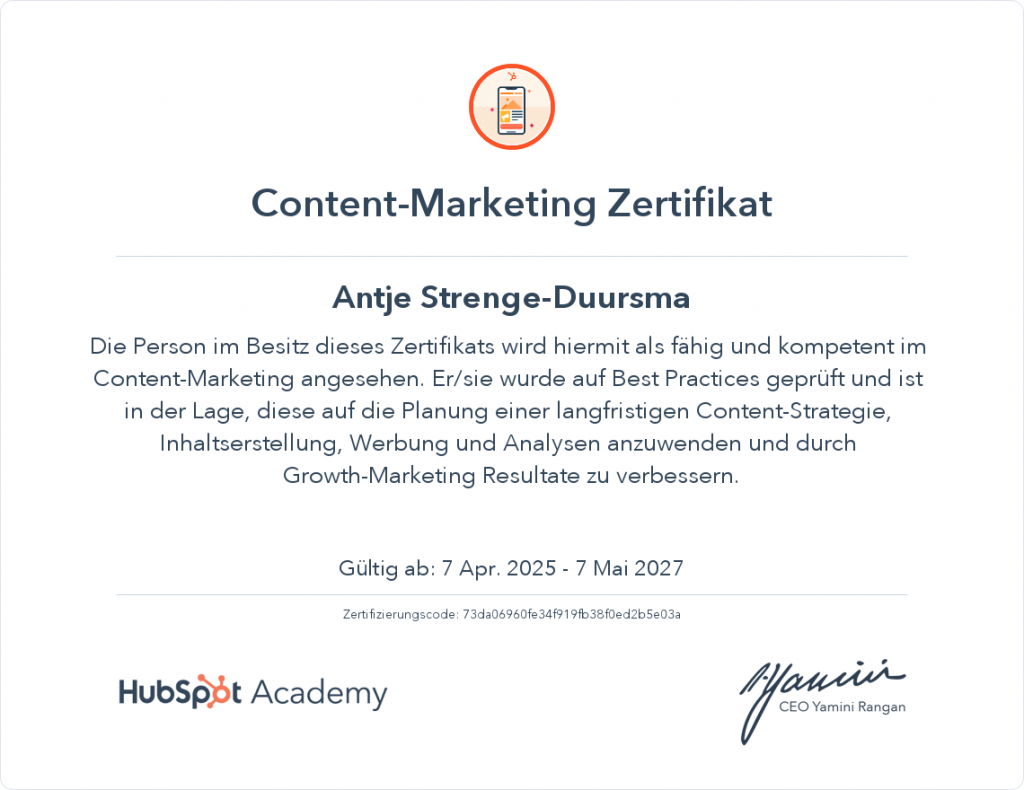 Hubspot Content Marketing Zertifikat