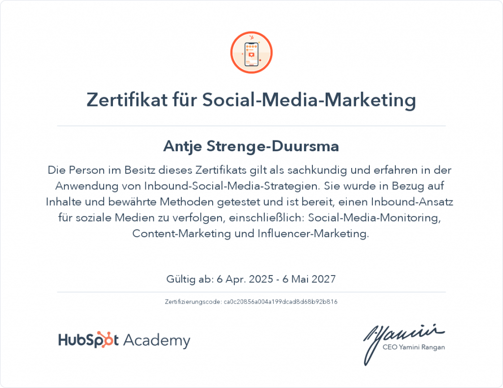 Hubspot Social-Media-Marketing Zertifikat